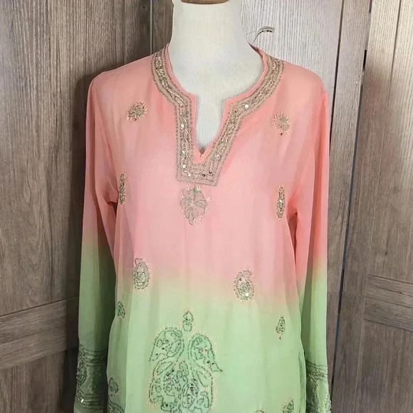 Elegant BohemianPeach and Green Embroidered sequin  Women's Top tunic - Picture 6 of 8